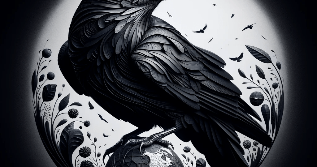 DALL·E 2023-12-30 01.48.38 – A visually striking image of a black crow, captured in a unique and artistic style. The crow is the focal point, set against a creatively imagined bac