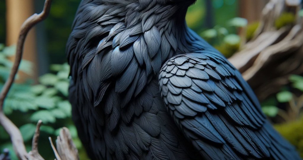 DALL·E 2023-12-30 01.53.47 – A highly detailed, photo-realistic depiction of a black crow perched in a natural setting. The image focuses on the intricate textures of the crow’s f