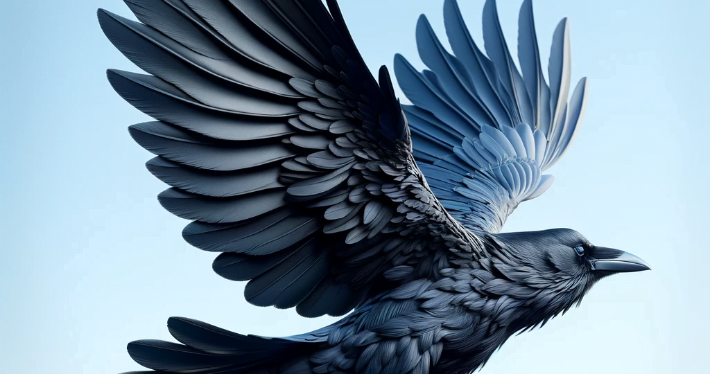 DALL·E 2023-12-30 01.58.01 – A hyper-realistic image of a black crow in mid-flight, showcasing the powerful spread of its wings and detailed plumage. The background is a clear blu