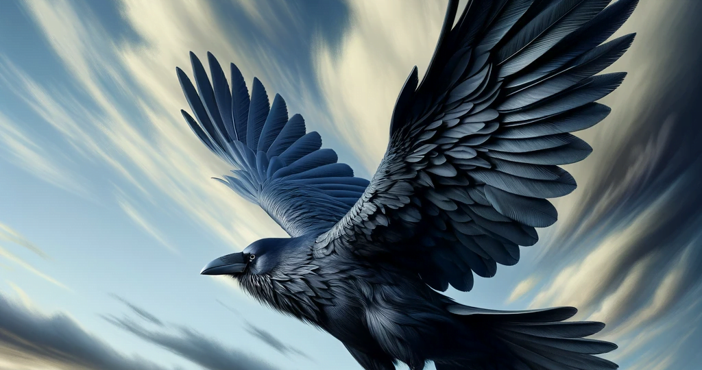 DALL·E 2023-12-30 02.01.31 – A vivid, lifelike image of a black crow soaring in the sky, with its wings spread wide and feathers intricately detailed. The background is a vast, op