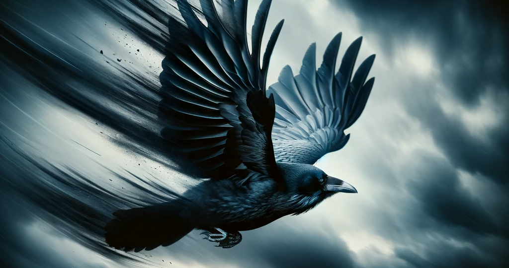 DALL·E 2023-12-30 02.07.51 – A stunning image of a black crow in flight, its wings perfectly captured in the midst of a powerful stroke. The background is a dynamic and stormy sky