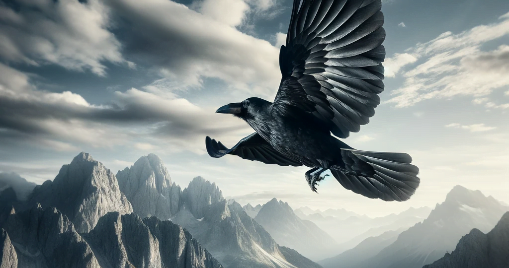 DALL·E 2023-12-30 02.08.36 – A majestic image of a black crow flying against a backdrop of towering mountains, its wings outstretched and feathers detailed against the expansive s