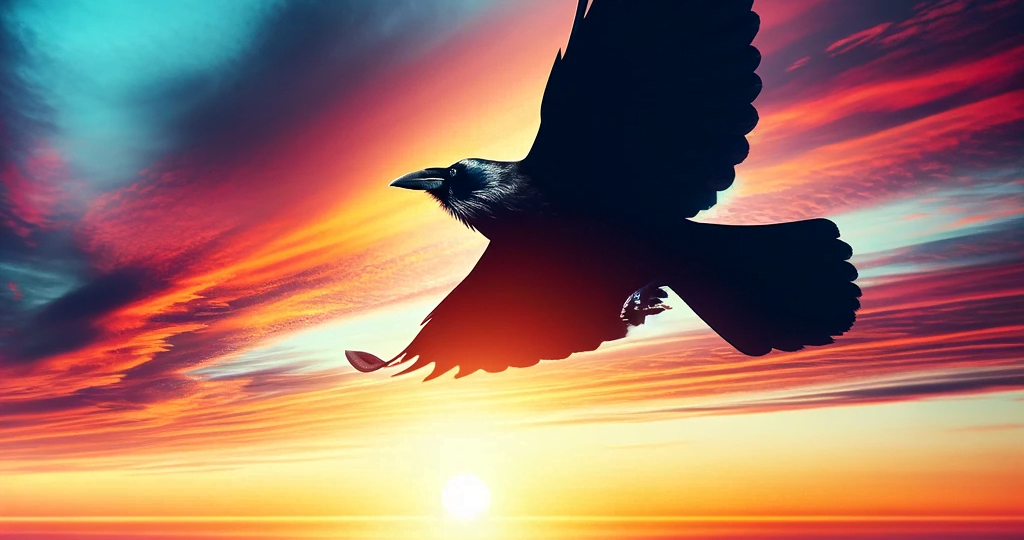 DALL·E 2023-12-30 02.09.22 – A breathtaking image of a black crow soaring high in the sky, with the sun setting in the background. The crow’s silhouette is sharply defined against