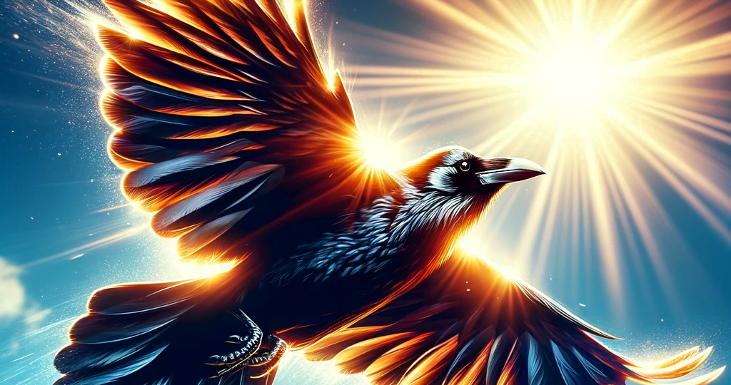 DALL·E 2023-12-30 02.10.13 – A radiant and vivid image of a black crow flying under a bright, sunlit sky. The sunlight illuminates the crow’s feathers, revealing intricate details