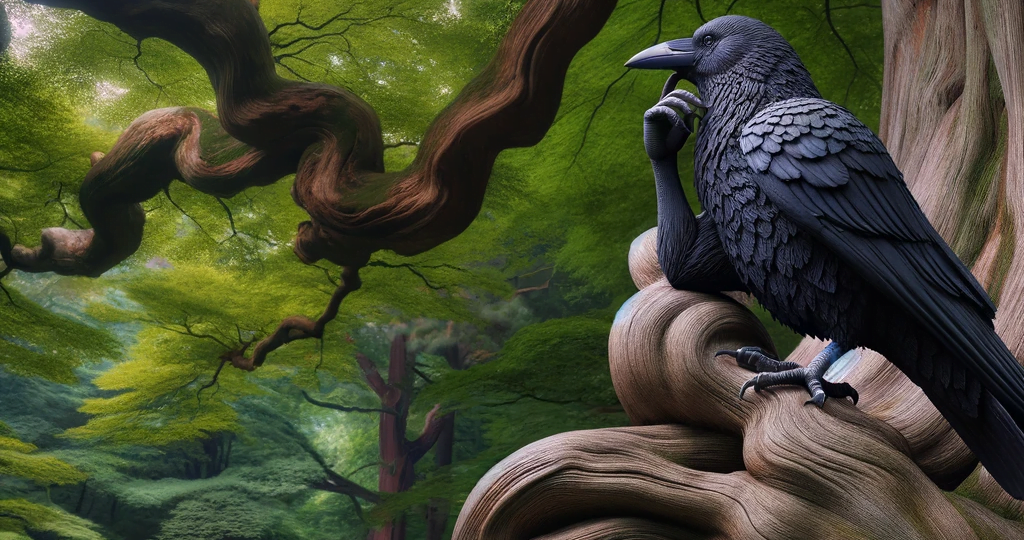 DALL·E 2023-12-30 02.20.03 – A lifelike image of a black crow perched thoughtfully on a gnarled tree branch. The tree is ancient and majestic, with a dense canopy of green leaves