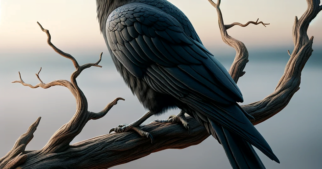 DALL·E 2023-12-30 02.21.08 – A realistic image of a solitary black crow sitting on a bare tree branch, with detailed rendering of the crow’s glossy feathers and the rough texture