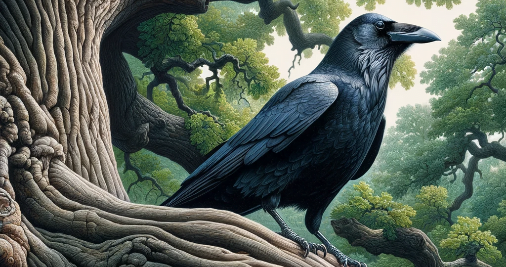 DALL·E 2023-12-30 02.22.38 – A naturalistic image of a black crow perched observantly on an old oak tree. The tree’s rugged bark and sprawling branches are depicted in great detai