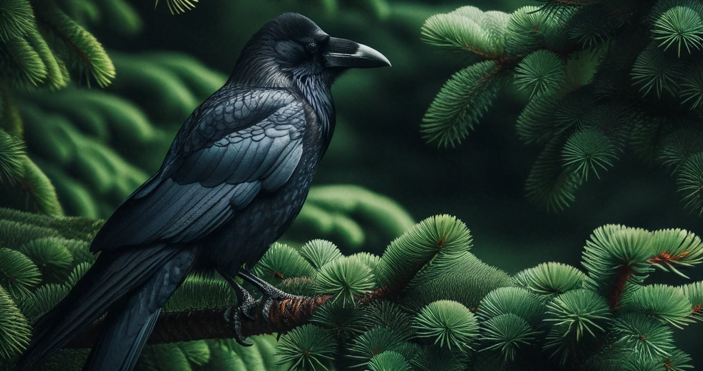 DALL·E 2023-12-30 02.23.16 – A serene image of a black crow perched on a pine tree branch, with the dense foliage of the pine providing a rich, green background. The detail in the