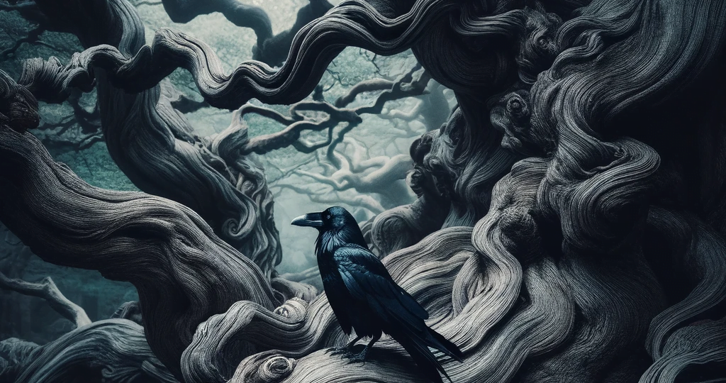 DALL·E 2023-12-30 02.23.48 – A captivating image of a black crow nestled among the twisted branches of an ancient, gnarled tree. The atmosphere is mysterious and slightly ethereal