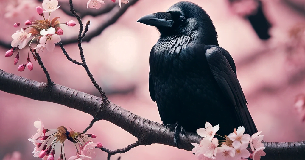 DALL·E 2023-12-30 02.27.38 – A peaceful image of a black crow sitting calmly on the branch of a blooming cherry blossom tree. The delicate pink flowers provide a soft, contrasting