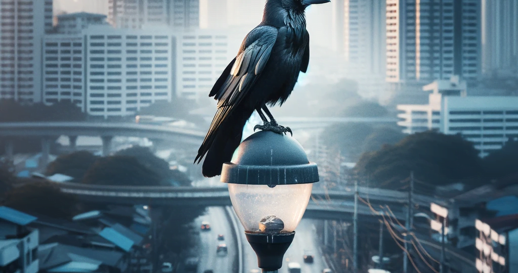 DALL·E 2023-12-30 02.30.26 – A striking image of a black crow perched atop a street lamp in an urban setting, with the cityscape in the background. The contrast between the natura