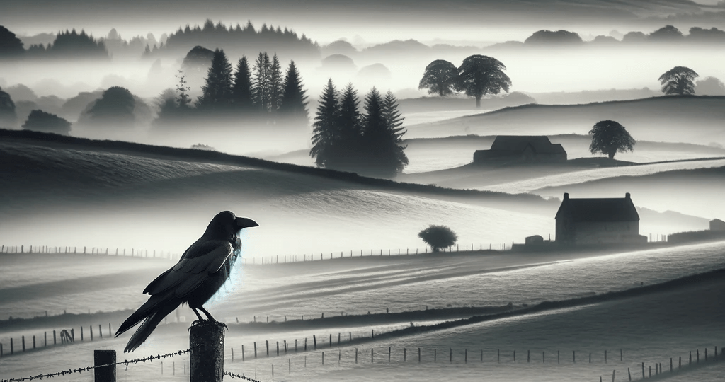 DALL·E 2023-12-30 02.32.28 – A dramatic image of a black crow standing on a fence post in a rural setting, with rolling hills and a farm in the distance. The early morning mist ad