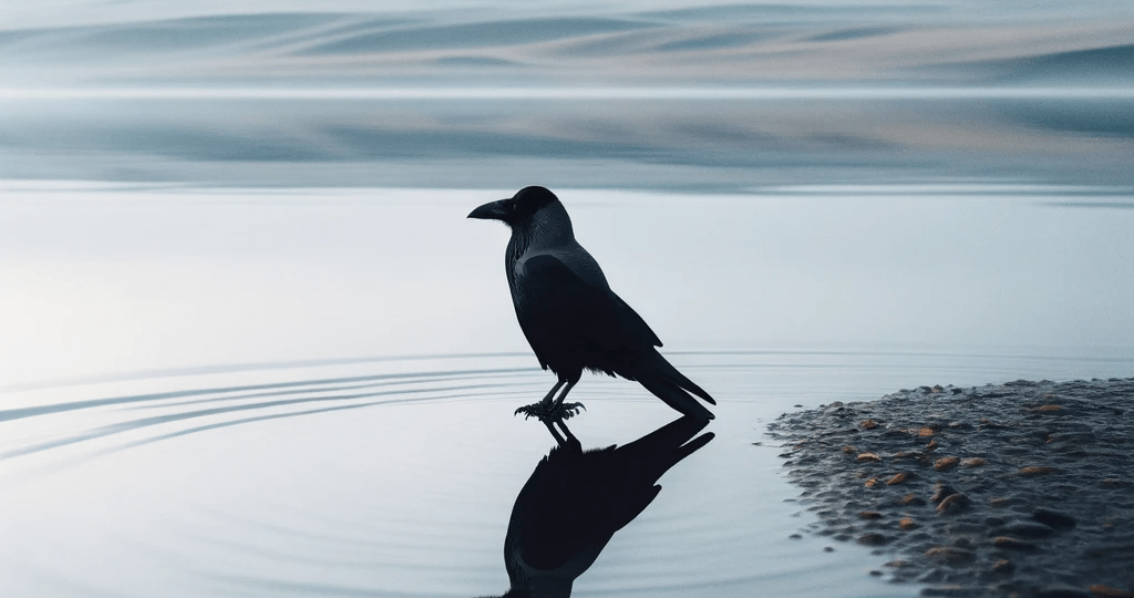 DALL·E 2023-12-30 02.33.38 – A reflective image of a black crow standing at the water’s edge, with its reflection mirrored in the still surface. The surrounding landscape is tranq